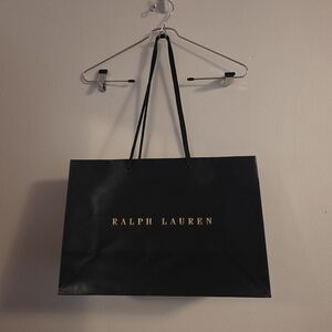 Authentic Ralph Lauren Black Shopping Bag 16.5”x14”x6”Gold Logo & Rope Handles